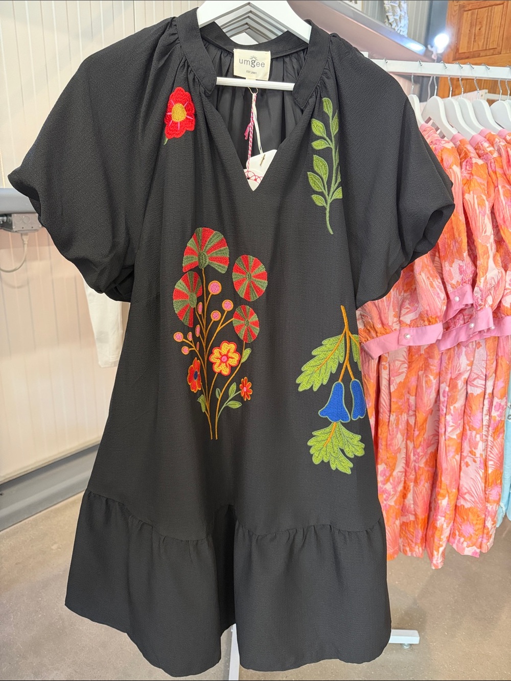 Umgee Black Tunic Dress with Multicolor Floral Embroidery